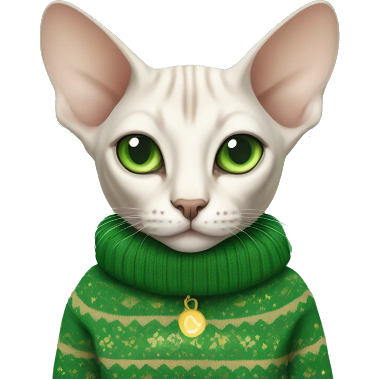 sphinx light cat with green eyes and in a New Year's sweater emoji
