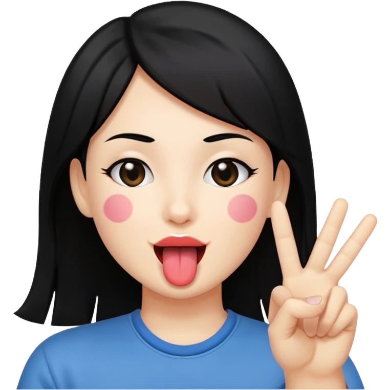 person with black hair doing the peace sign and has tongue out emoji
