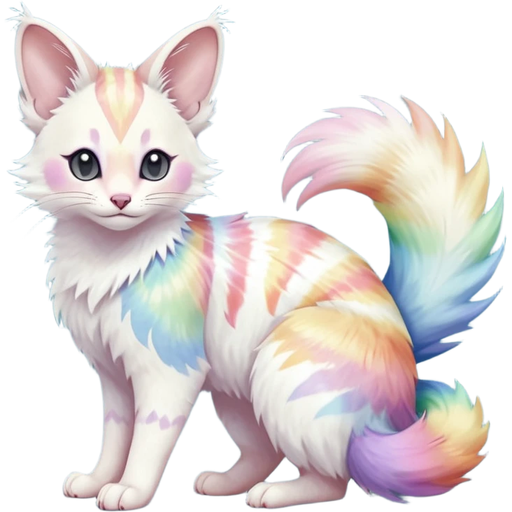  cute adorable pastel-iridescence-gradients albino fur with random colorful iridescent rainbow markings beautiful elegant pretty precious cute  Fakémon-Pokémon-opossum-feline-serval-caracal-chinchilla-Minccino-hybrid-creature with a big fluffy bushy striped tail (full body) emoji
