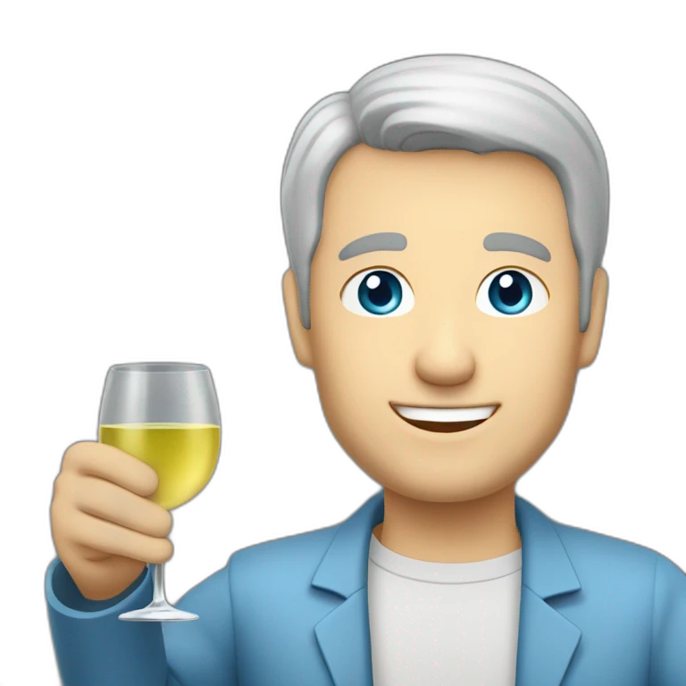 a caucasian man with blue eyes and very short grey hair, toasting with a glass of white wine emoji