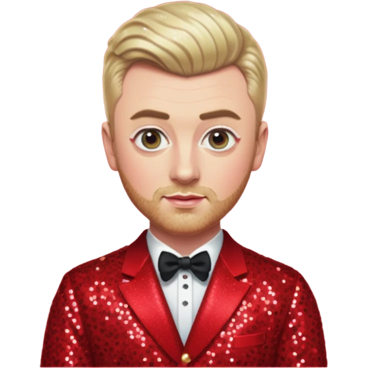 Sam Smith with blonde hair and short beard, red sequin outfit emoji