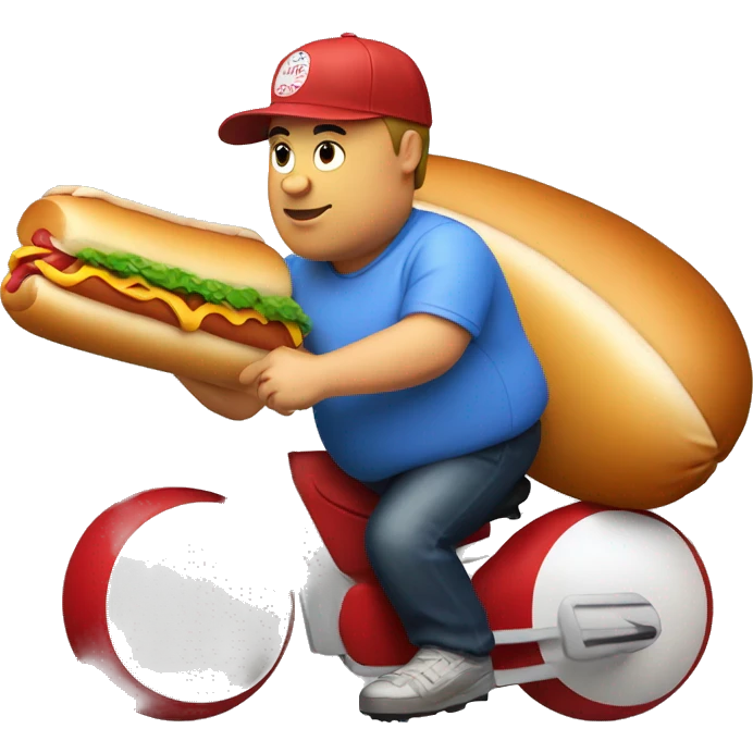 Fat man riding a hot dog wearing a baseball cap emoji