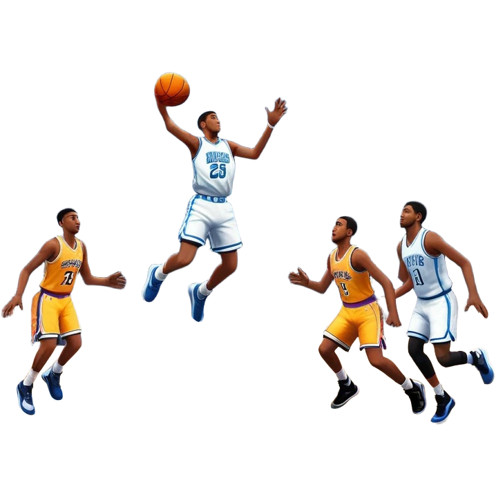 An icon featuring a basketball court with players in action, inspired by NBA 2K25. A player jumps for a dunk, with the ball mid-air. Bright lights illuminate the court, symbolizing the excitement of sports simulation games. Transparent background emphasizes the energy. emoji