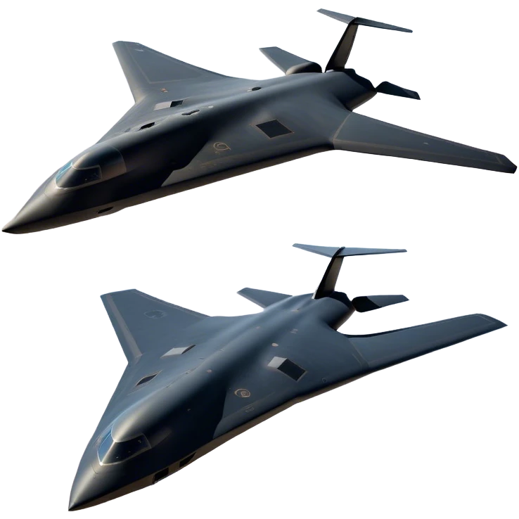 B-2 Spirit bomber - Northrop B-2 (Model Year: 2021) (Iconic colour: Stealth black) - A sleek, stealth bomber with smooth, angular contours and a matte jet-black finish. Emphasize a futuristic, minimalist design with a seamless fuselage, low-profile wings, and an overall intimidating stealth aesthetic. emoji