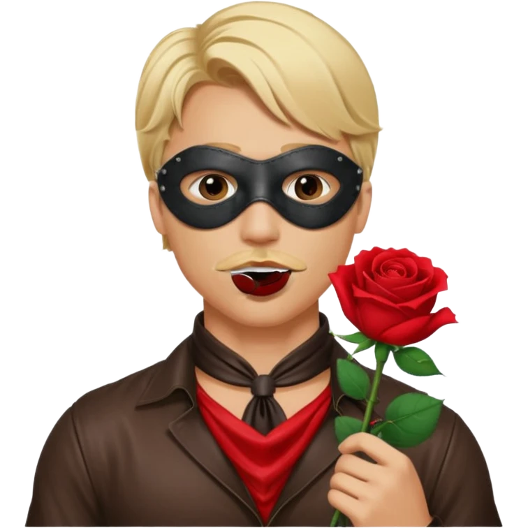 blonde man with leather eye mask and leather halter neck blouse, holding rose with his mouth emoji