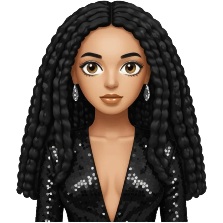 Solange with long black hair, black sequin outfit emoji