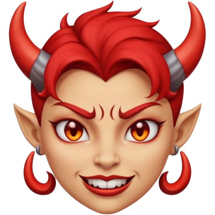  woman Demon cartoon emoji character, head and shoulders included (chest-up crop), centered face, confident and edgy expression, sharp eyes, subtle smirk, small curved horns, clean stylized face, not cute, not scary, modern emoji-style illustration, bold colors, smooth shading, high readability emoji