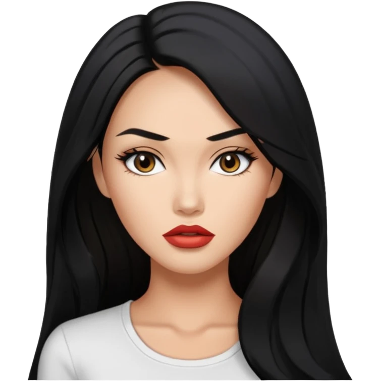 glamorous emoji of a woman with monolid eyes, tan skin, full lips, long hair, white top, Megan Fox inspired emoji