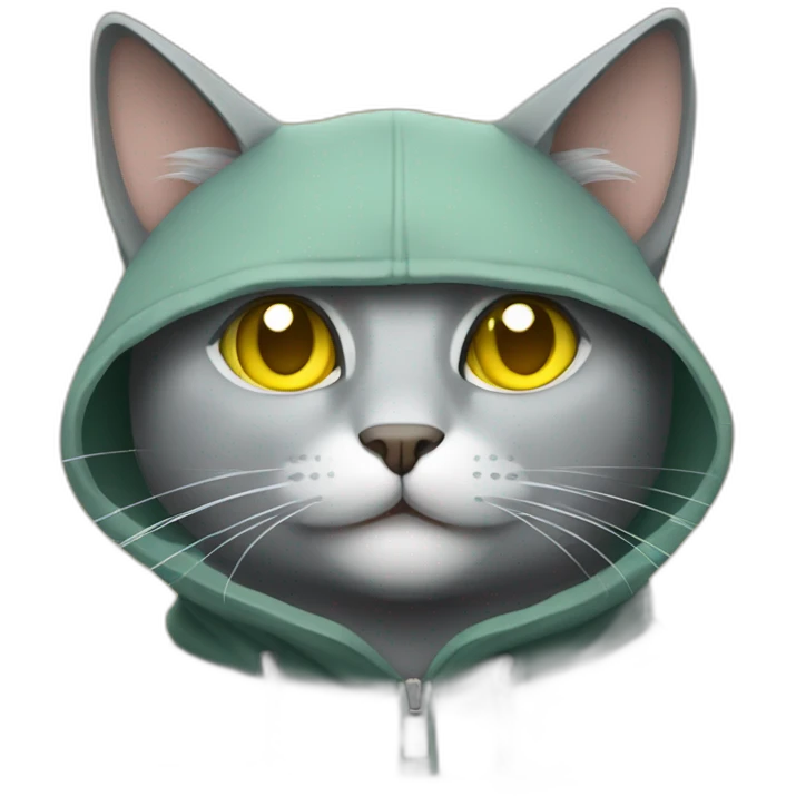 gray cat with yellow eyes and a green hood that smiles emoji
