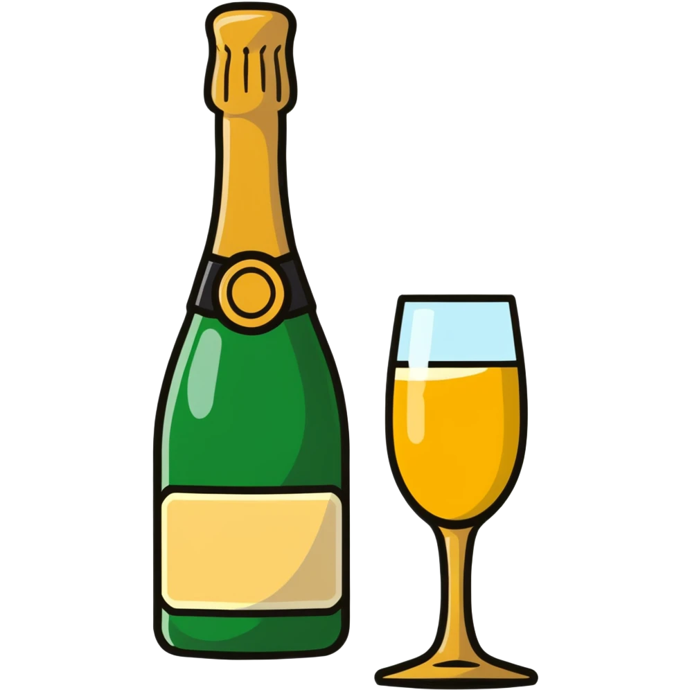 cartoon sticker of a champagne bottle and glass emoji