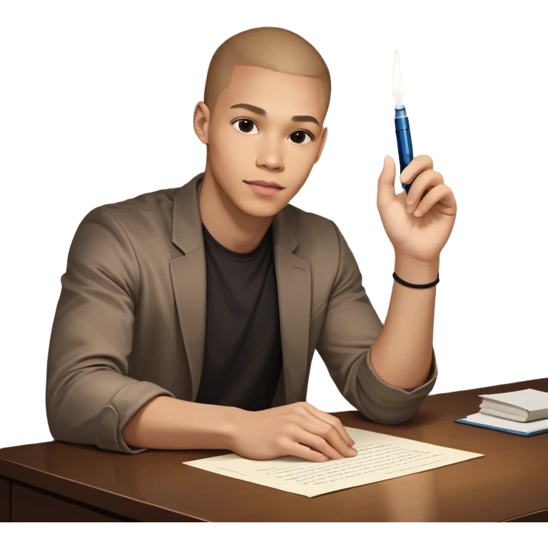 A man sitting on desk. A glowing hand emerges from within a piece of paper, symbolizing the future self. The hand extends forward, offering a pen, as if passing over the ability to take action. The pen is illuminated, representing the moment of decision—the choice to stop procrastinating and start. emoji