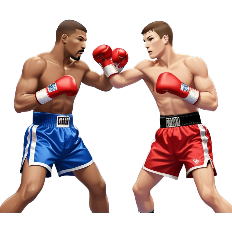  a high-stakes boxing match for the world championship title. Two professional boxers, wearing gloves and championship belts, exchange powerful punches in the center of the ring. The background features a packed arena with bright lights, a roaring crowd, and the championship banner hanging above.  emoji