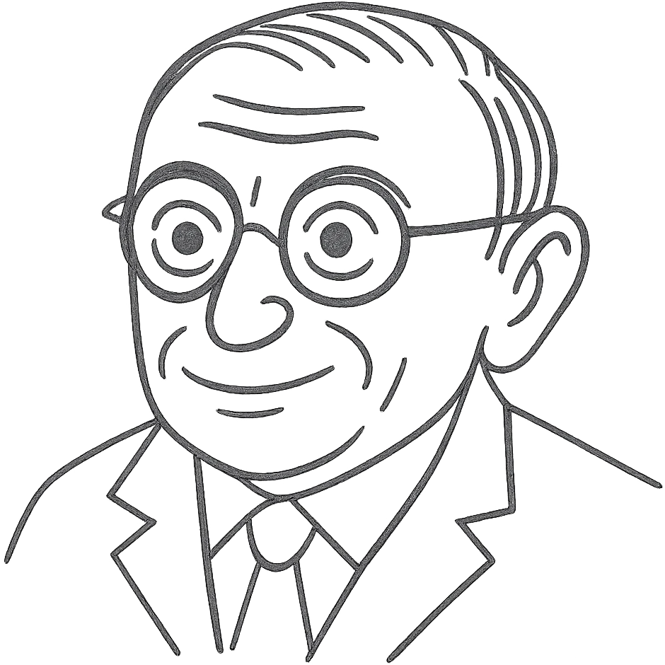 Keep the Jean-Paul Sartre black outline drawing as in the previous version, but ensure the linework is pure black and hand-drawn, not grey. Maintain the neutral smile, round glasses, and transparent background. emoji
