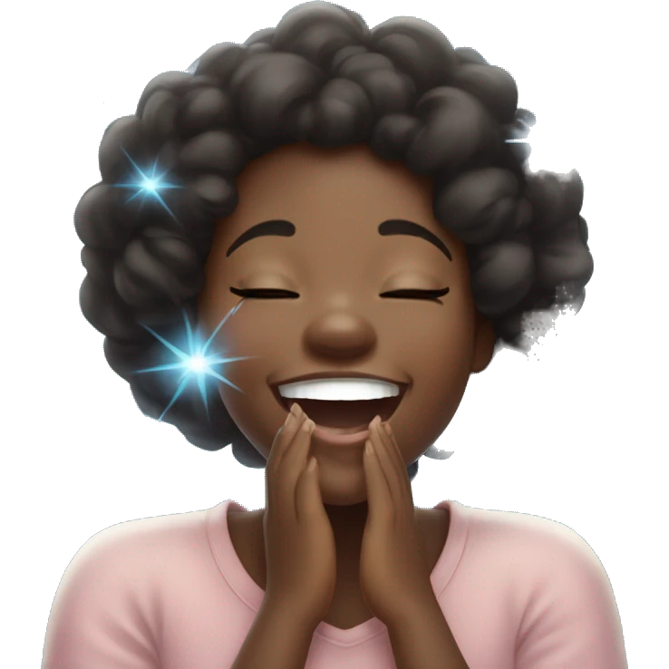 A cute, cheerful black girl laughing, covering her mouth and eyes closed in joy, surrounded by light blue sparkles emoji