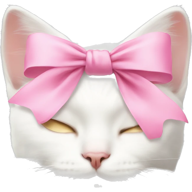 White cat sleeping with pink bow on head emoji