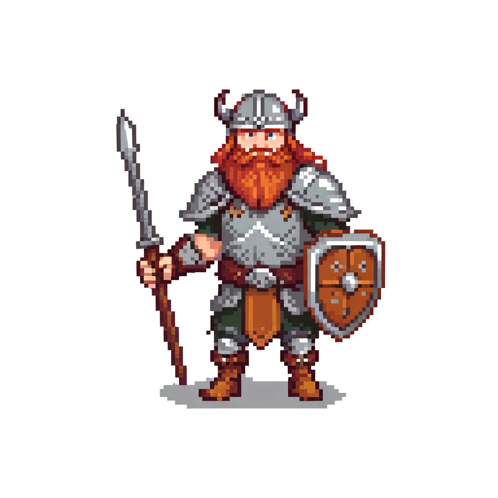 pixel art ginger viking with red beard and armor, running animation frame 4, pushing off ground emoji