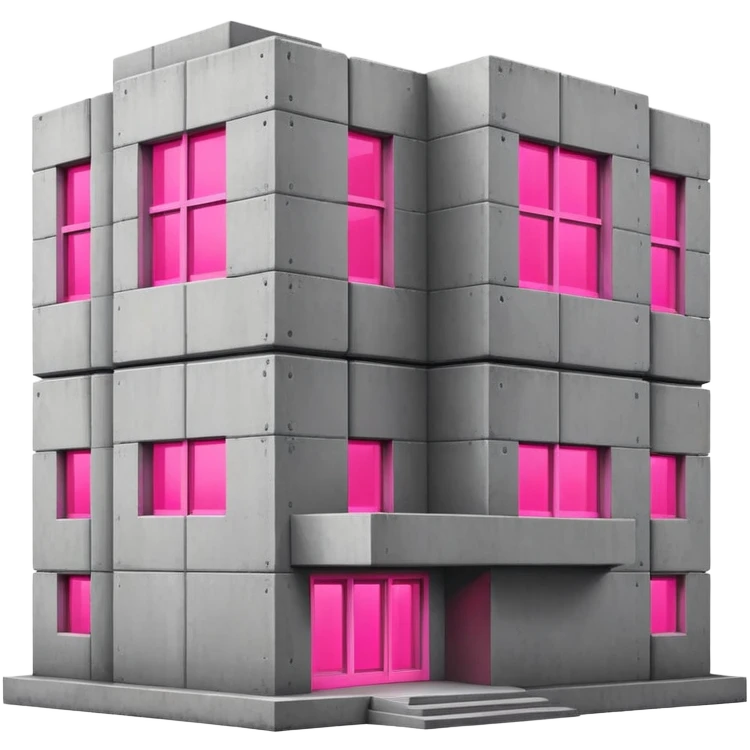 brutalist gray concrete block building with one neon pink window and several regular windows emoji