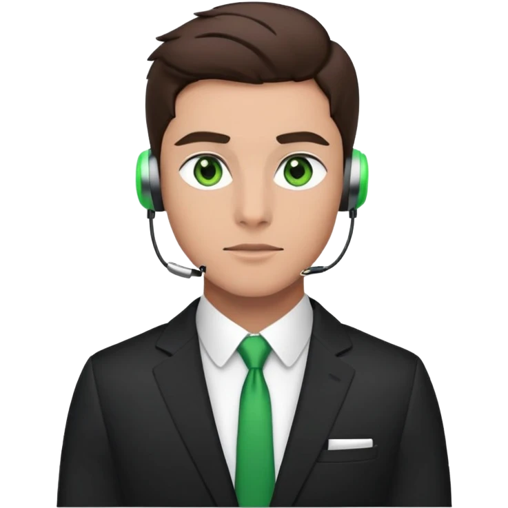 Brunette man with green eyes in a suit with AirPods in emoji