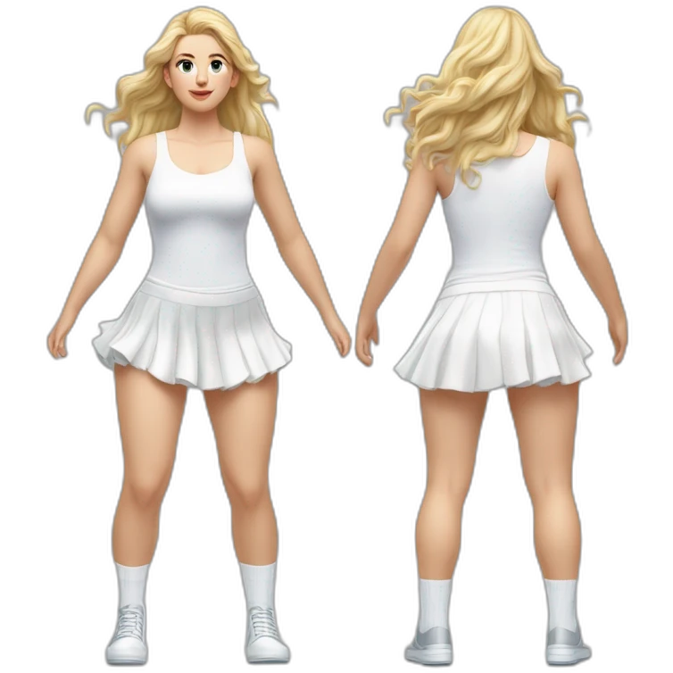 hyperrealistic-full-body-caucasian-curvy-beauty-jumping-small white-skirt-back-and-front-views-strong-wind-white knickers white socks emoji