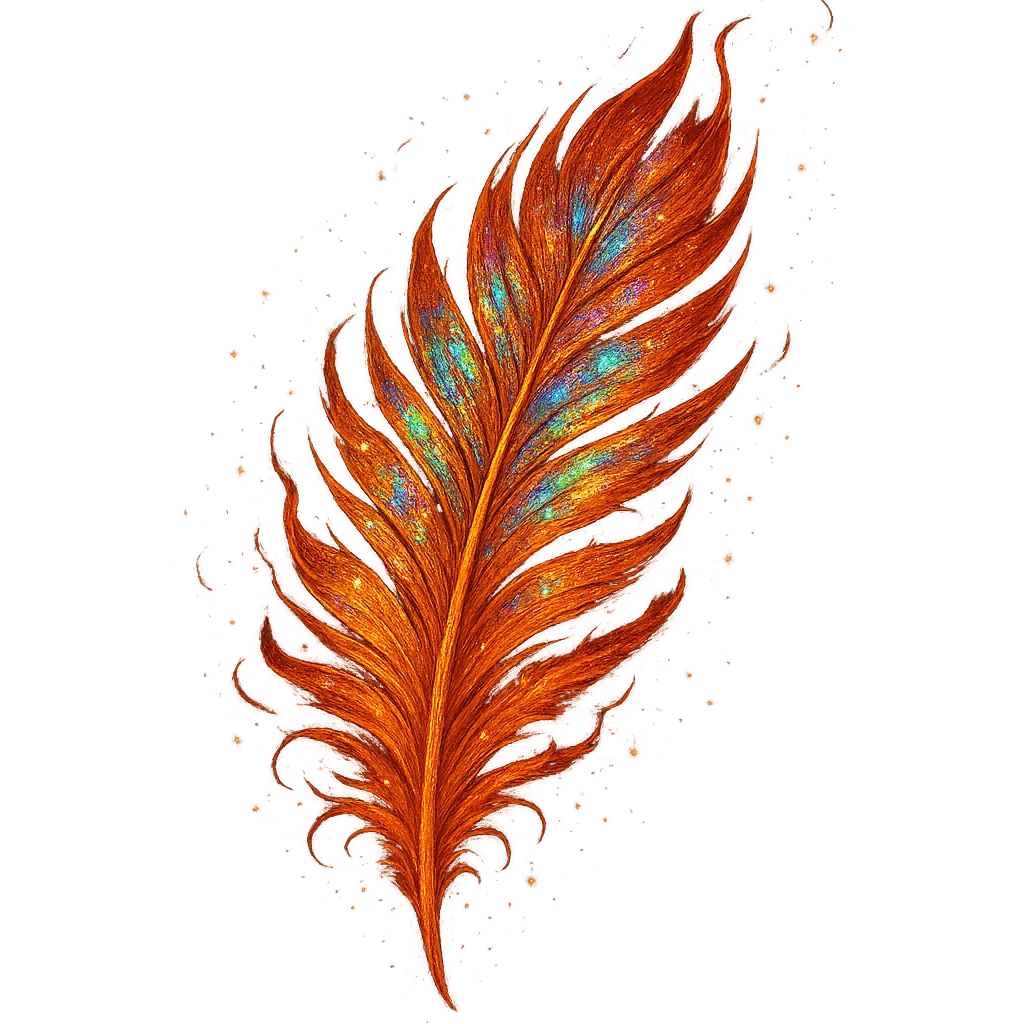 fiery phoenix feather, shimmering with iridescent colors, sparkling embers, mystical and elegant, detailed, vibrant, fantasy art emoji