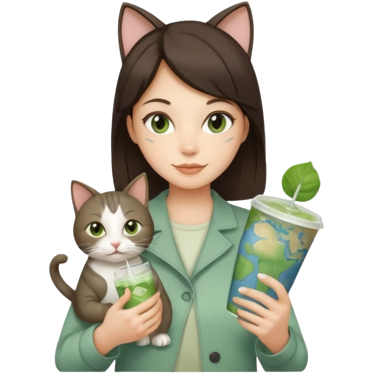 a brunette woman in here 30S drinking an iced matcha, carrying a grey cat and a map of the world emoji