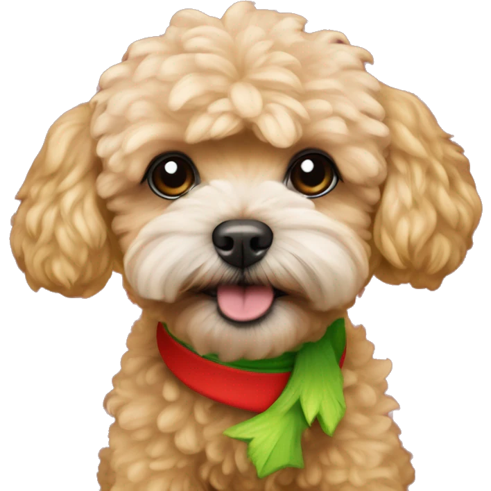 Apricot maltipoo wearing a grinch costume emoji