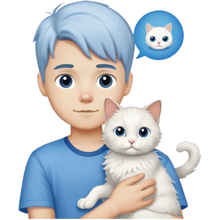 boy wearing blue short sleeve shirt with white ragdoll cat emoji