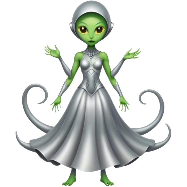 Green Alien woman with Cycloid scales, in silver dress, full figure, yellow eyes emoji