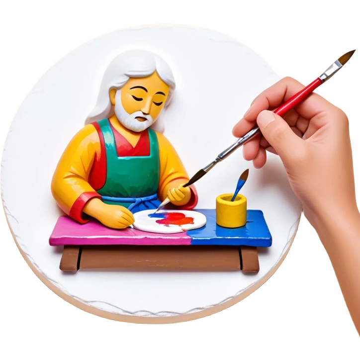 Lacquer miniature making on papier-mâché icon, small painted scene in progress on papier-mâché surface, fine brush strokes, vibrant colors, paintbrush, palette, tools, minimalistic style, clean lines, transparent background. emoji