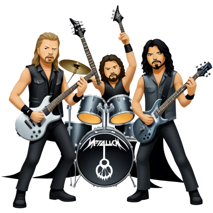 Icon for Metal Music: Metallica band members detailed in their signature look. James Hetfield with guitar, Lars Ulrich on drums, Kirk Hammett with his electric guitar, and Robert Trujillo playing bass. Bold, energetic style with musical notes, all in a heavy metal aesthetic. Transparent background. emoji
