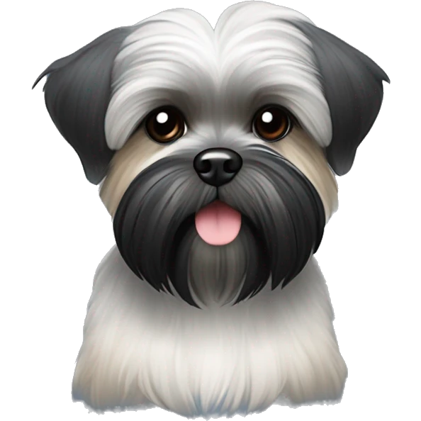 Shih tzu black puppy, yorkie coloring with light colored schnauzer eyebrows. Round face, short ears  emoji