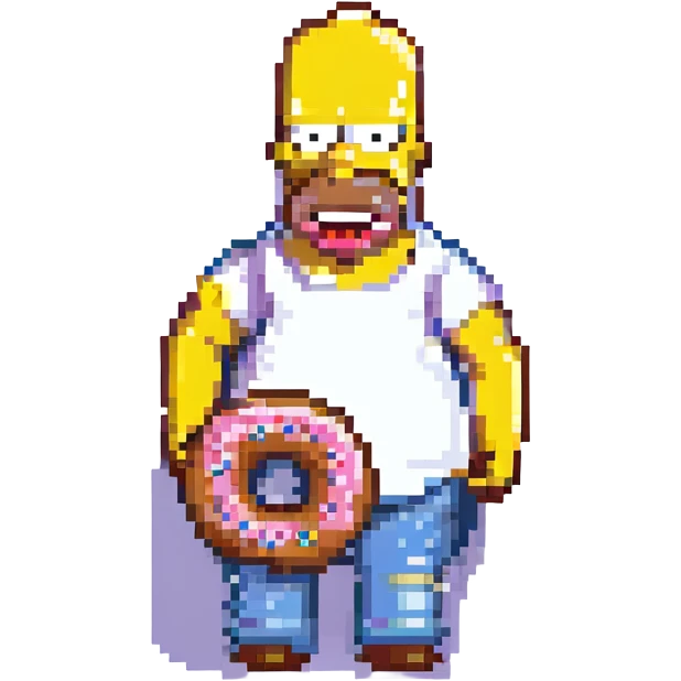 Homer Simpson pixel art style, simplified features, holding a donut emoji