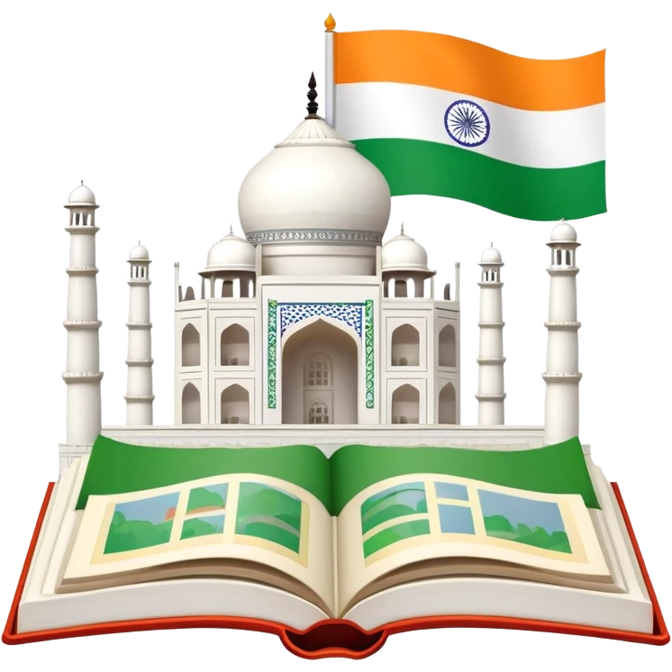 An icon featuring the Taj Mahal and the flag of India, symbolizing the Hindi language. The design includes an open book, representing language learning and cultural richness. Transparent background highlights the heritage of India. emoji