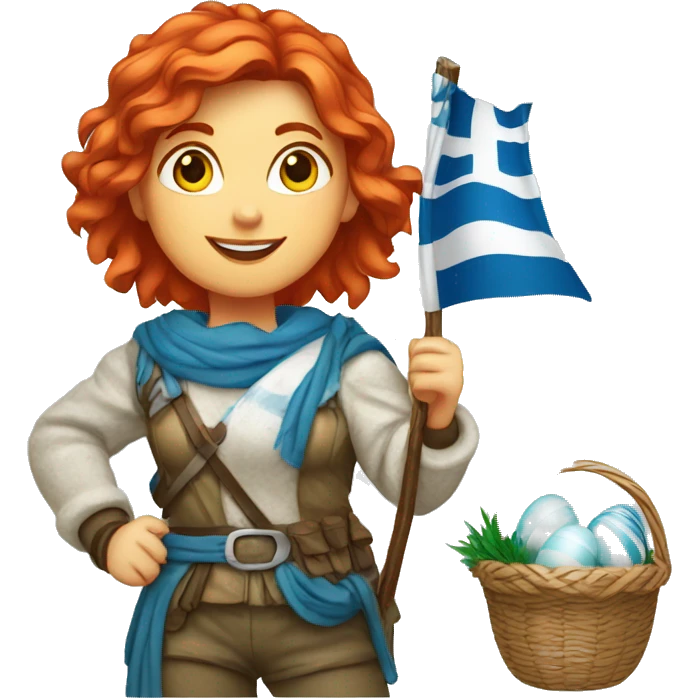 red hair female winter mountaineer with Greek flag and easter basket emoji