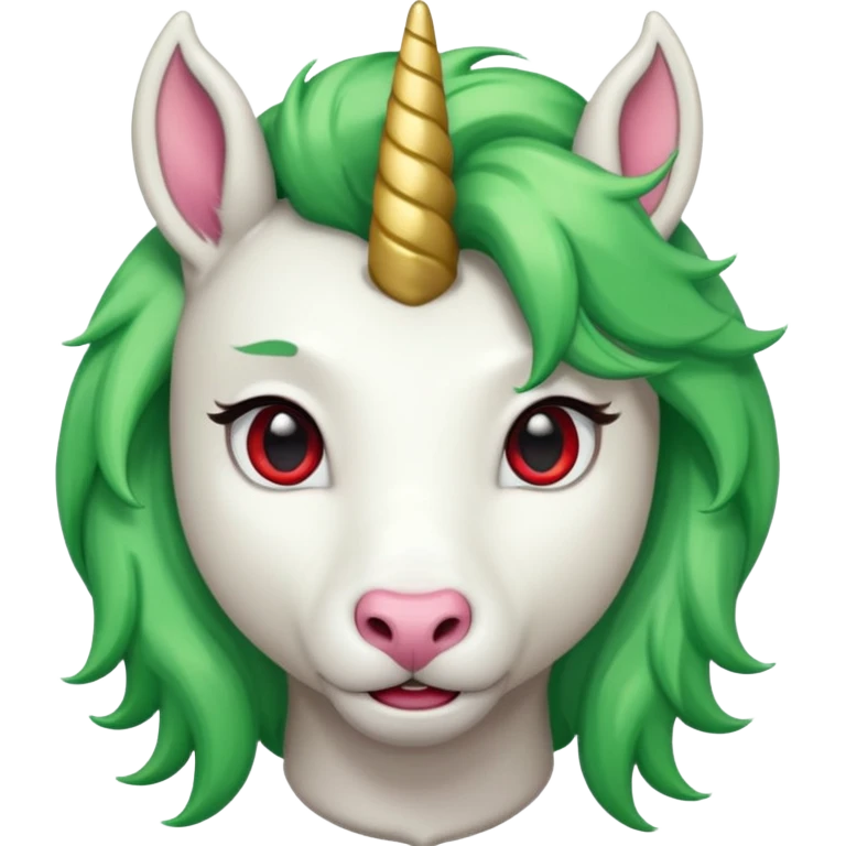 white furred unicorn with green hair and big red earrings looking into camera and spectacle emoji