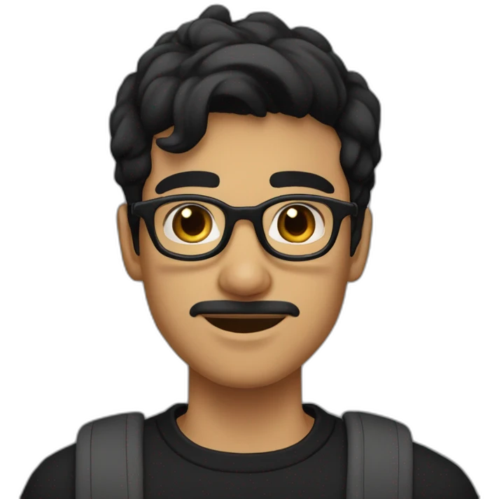 a light skin Pakistani teenager, wearing round glasses, short moustache, black hair, black jumper/sweater, structured manly face emoji