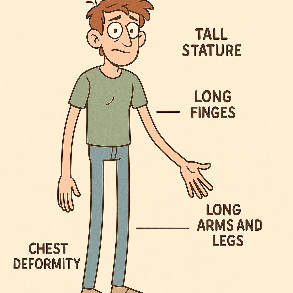educational cartoon style graphic of a person with Marfan syndrome, highlighting tall stature, long arms and legs, long fingers, and chest deformity, with simple labels, suitable for general public emoji