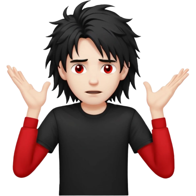 Парень с бледной кожей и красными глазами,  чёрные длинные растрёпанные волосы до ушей, в черной футболке  emoji