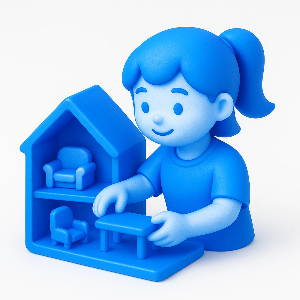 smiling girl arranging furniture in doll house emoji