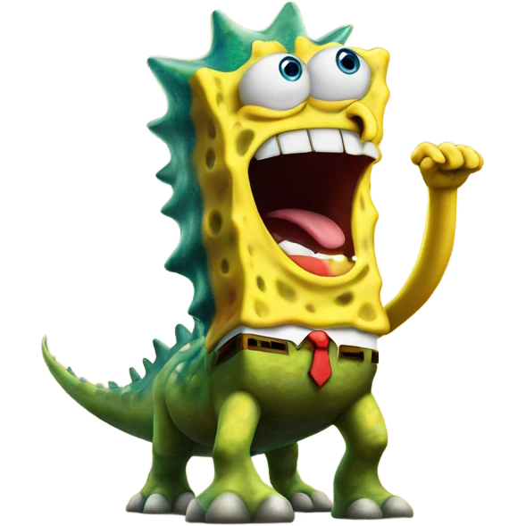 SpongeBob standing on dinosaur in victory emoji