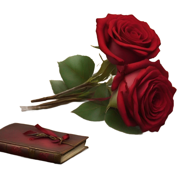 A crimson bouquet of roses with a silk ribbon and an old handwritten diary emoji