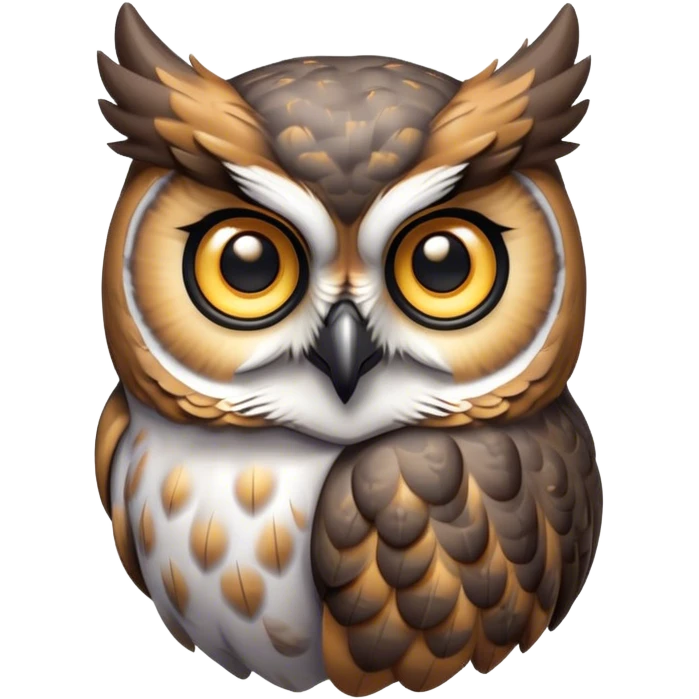 Cinematic Cute Great Horned Owl Portrait Emoji, Head tilted playfully and inquisitively, featuring a lush mottled Fur with intricate patterns of gray and white, round, sparkling golden eyes filled with curious wonder, Simplified yet irresistibly adorable features, highly detailed, glowing with a warm, friendly glow, high shine, affectionate and wise, stylized with a touch of nocturnal whimsy, bright and endearing, soft glowing outline, capturing the essence of a mischievous yet loving owl, so playful it feels like it could glide out of the screen and perch in your arms! emoji