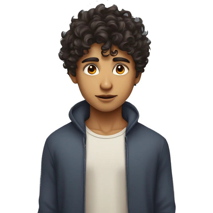 young handsome Indian boy with messy fringe curly hair  and fair white  skin with sharp jawline and small eyes emoji