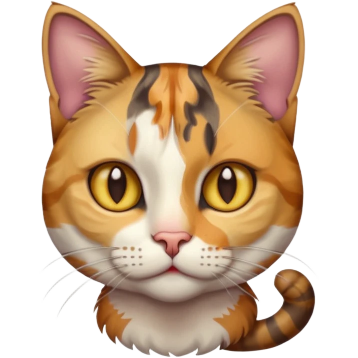 full body anxious looking colourful light calico tabby cat with hazel eyes  and half of face in brown tabby emoji