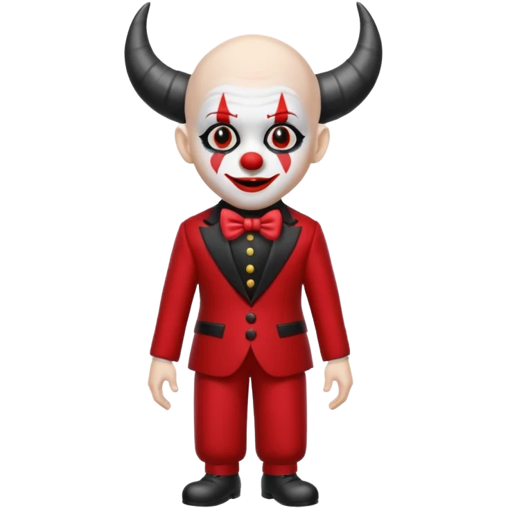 Crea un payaso con cara blanca sin pelo con cuernos negros y un traje rojo con negro emoji