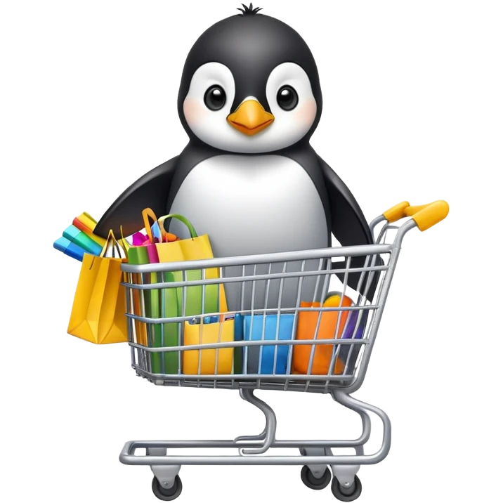 cute baby penguin sitting in a shopping cart filled with shopping items and colorful shopping bags emoji