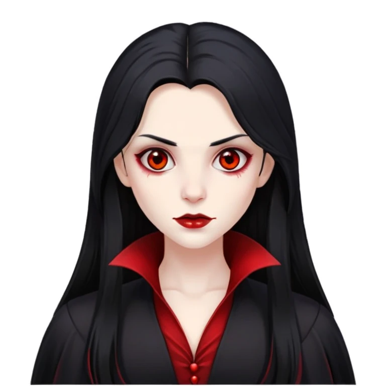 make a vampire with long black hair, pale, brown eyes, with some red spots on her face, wearing a black outfit emoji