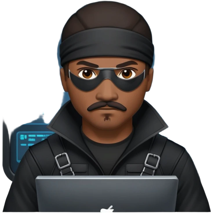 african-american mustache mercenary black asymmetrical eyepatch ninja hacker terminal command center emoji