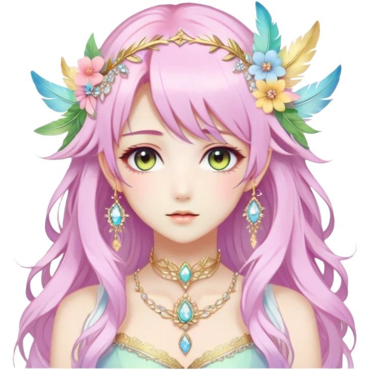 Beautiful gorgeous anime lady with beautiful pastel-special-hair, fashion aesthetic, ethereal, fairycore, pastelcore, feather, flower, crystals, accessories, gold jewelries, gold, colorful, gold laurel, gold halo, emoji