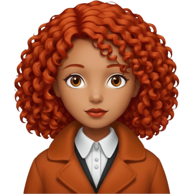 
Dark tanned girl with medium-length, curly, tomato-red hair, dark eyes, wearing a coat with a white collar. emoji